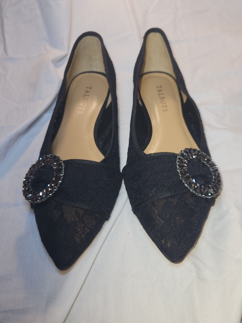 Talbots Black Lace Pointed Toe Flats with Decorative Buckle 8